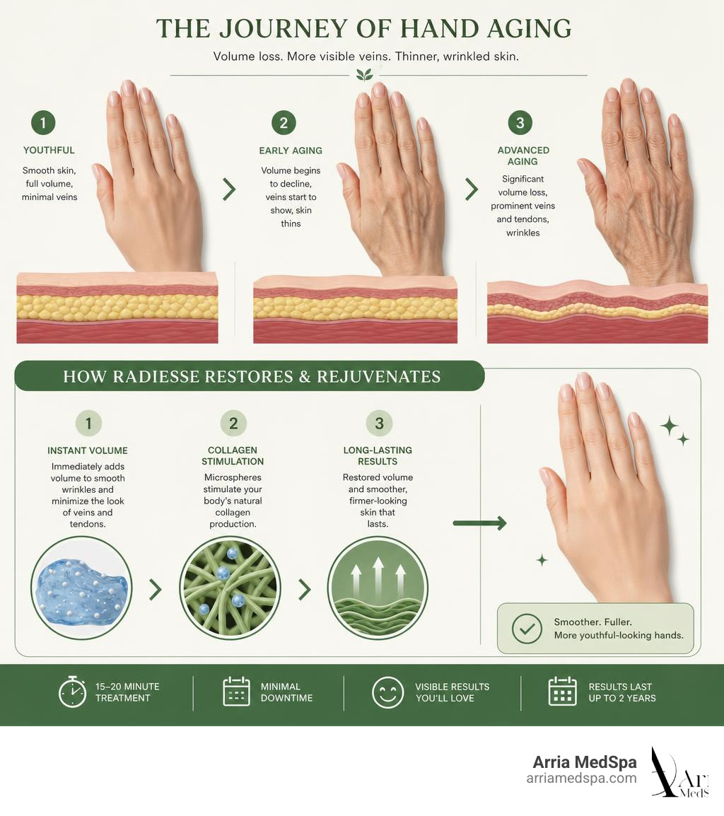 Infographic Showing Hand Aging Stages And How Radiesse Restores Volume And Stimulates Collagen Infographic