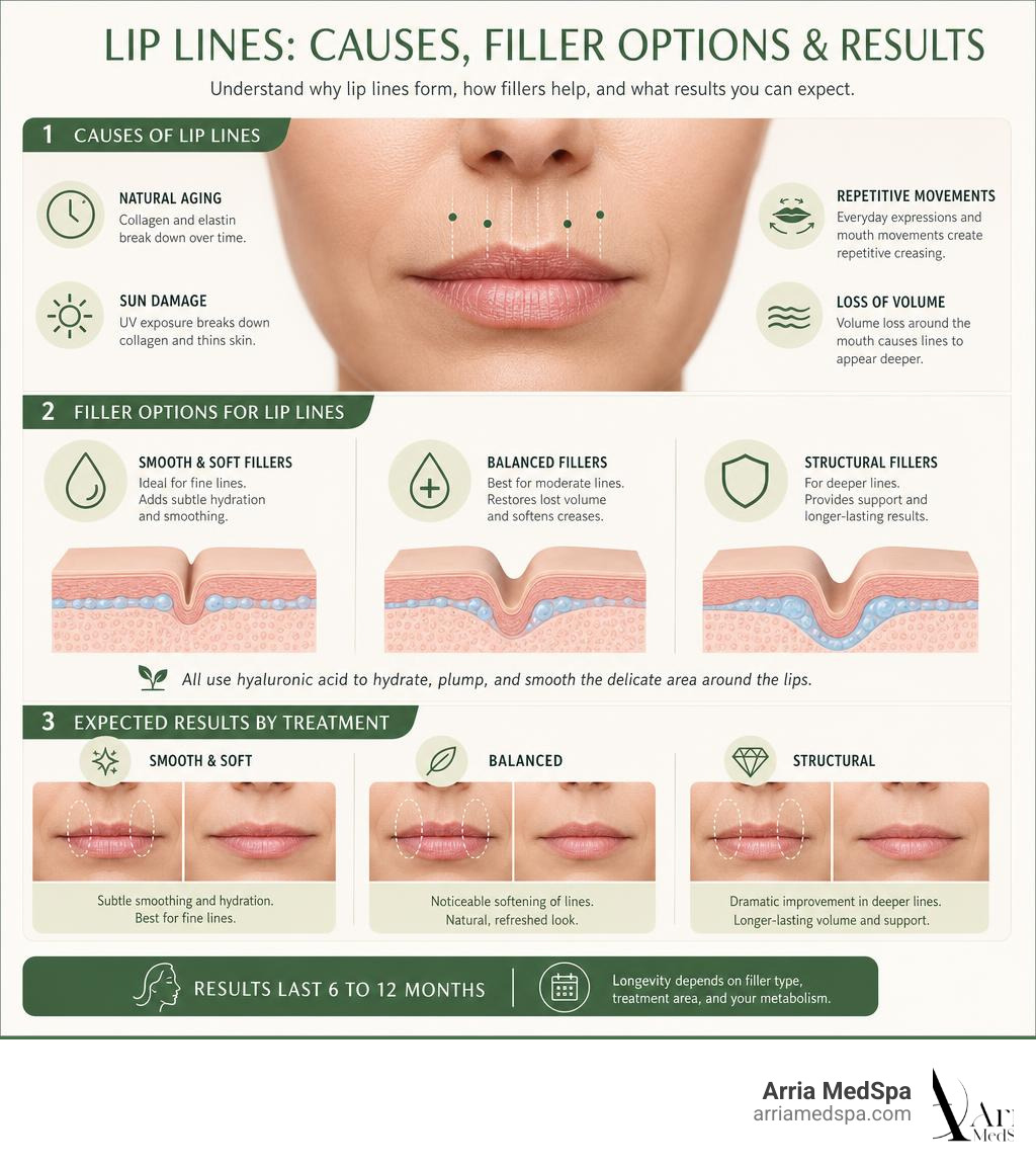 Infographic Showing Causes Of Lip Lines, Filler Options, And Expected Results By Treatment Type Infographic