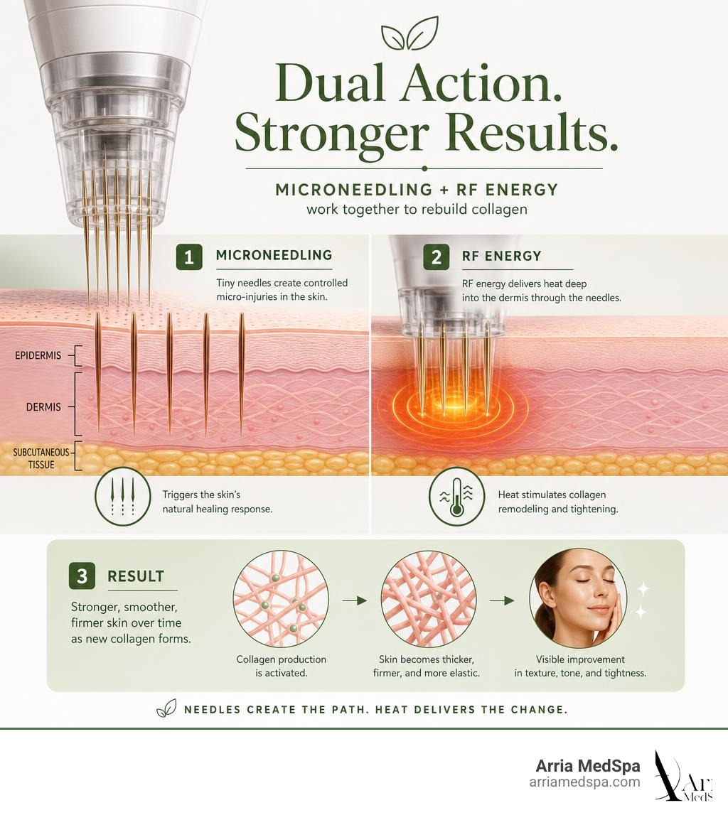 Dual action of microneedling and RF energy — how needles and heat work together to rebuild collagen infographic Dual Action Of Microneedling And Rf Energy — How Needles And Heat Work Together To Rebuild Collagen Infographic