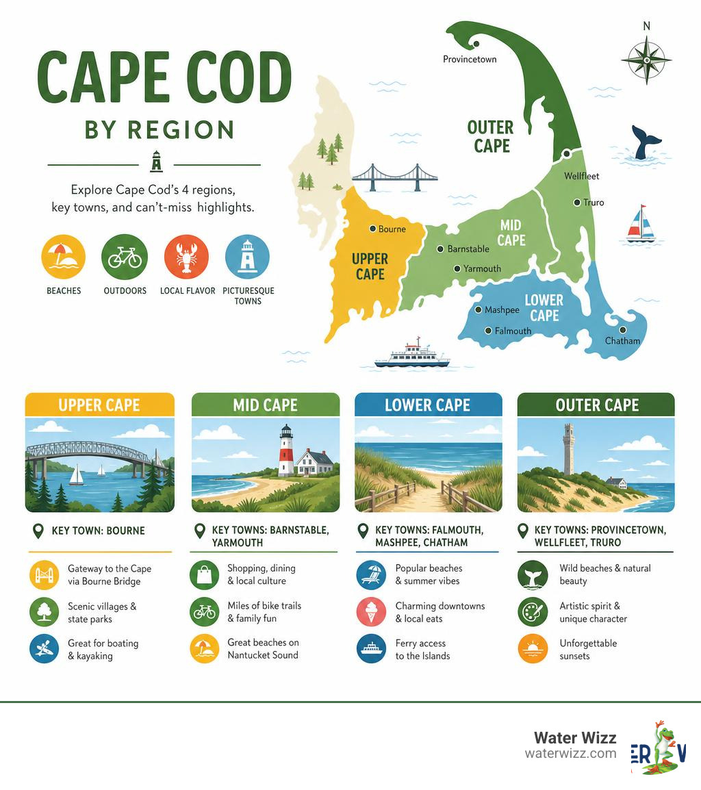 Infographic showing Cape Cod regions: Upper, Mid, Lower, and Outer Cape with key towns and highlights infographic Infographic showing Cape Cod regions: Upper, Mid, Lower, and Outer Cape with key towns and highlights infographic