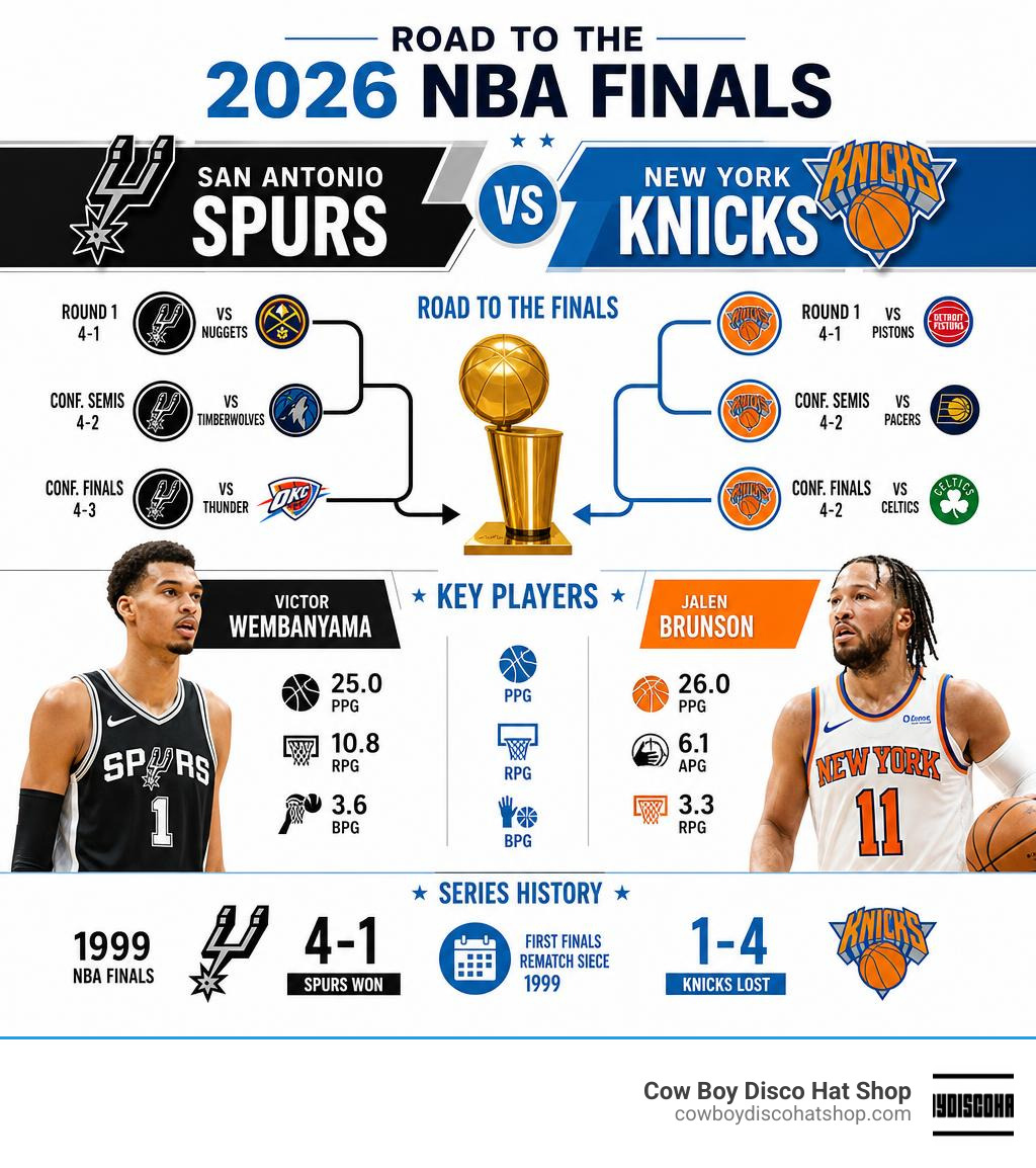 Infographic showing road to 2026 NBA Finals Spurs vs Knicks series history key players stats infographic