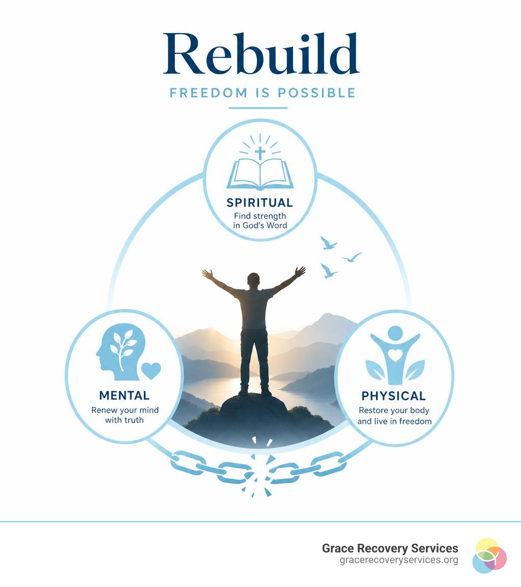 Holistic recovery model showing spiritual, mental, and physical healing for addiction - bible verses about freedom from Holistic recovery model showing spiritual, mental, and physical healing for addiction - bible verses about freedom from