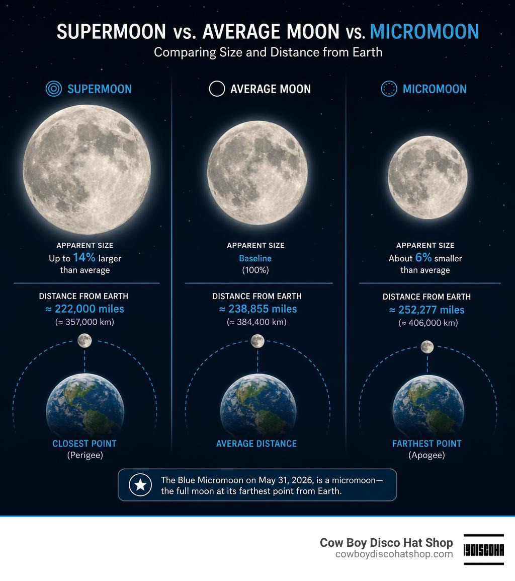 Infographic comparing supermoon, average moon, and micromoon size and distance from Earth infographic