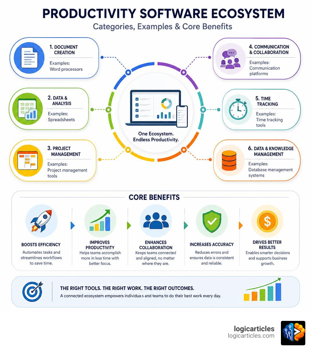 Productivity software ecosystem showing categories, examples, and core benefits infographic Productivity software ecosystem showing categories, examples, and core benefits infographic