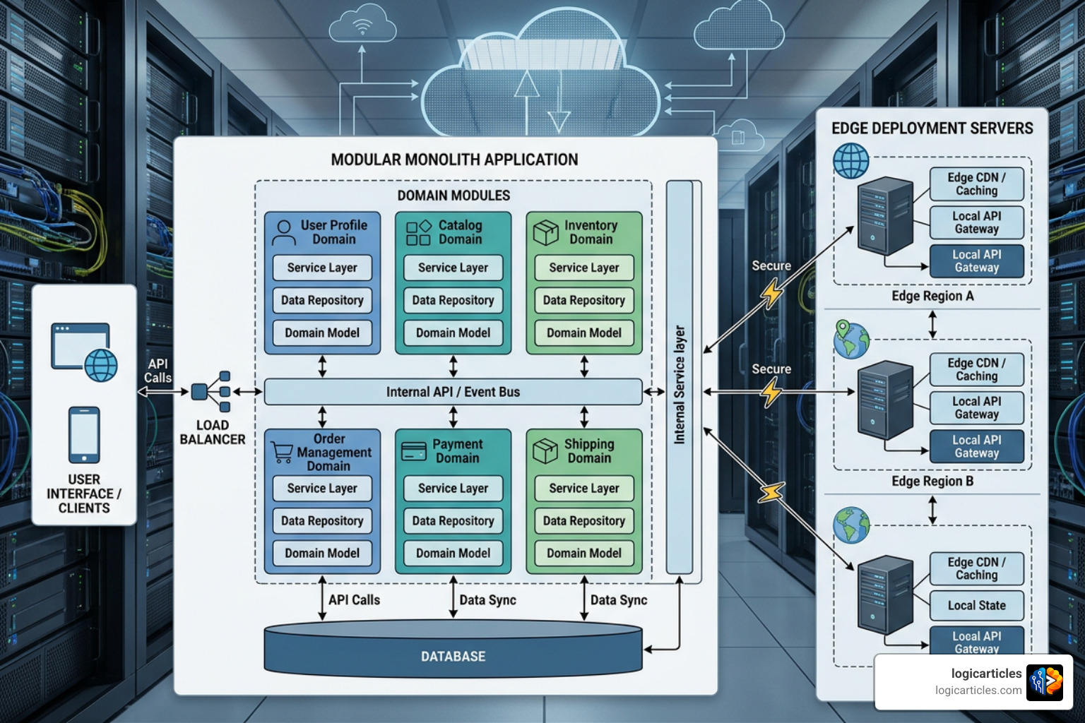modular monolith architecture showing clean separation of domain boundaries connected to edge deployment modular monolith architecture showing clean separation of domain boundaries connected to edge deployment
