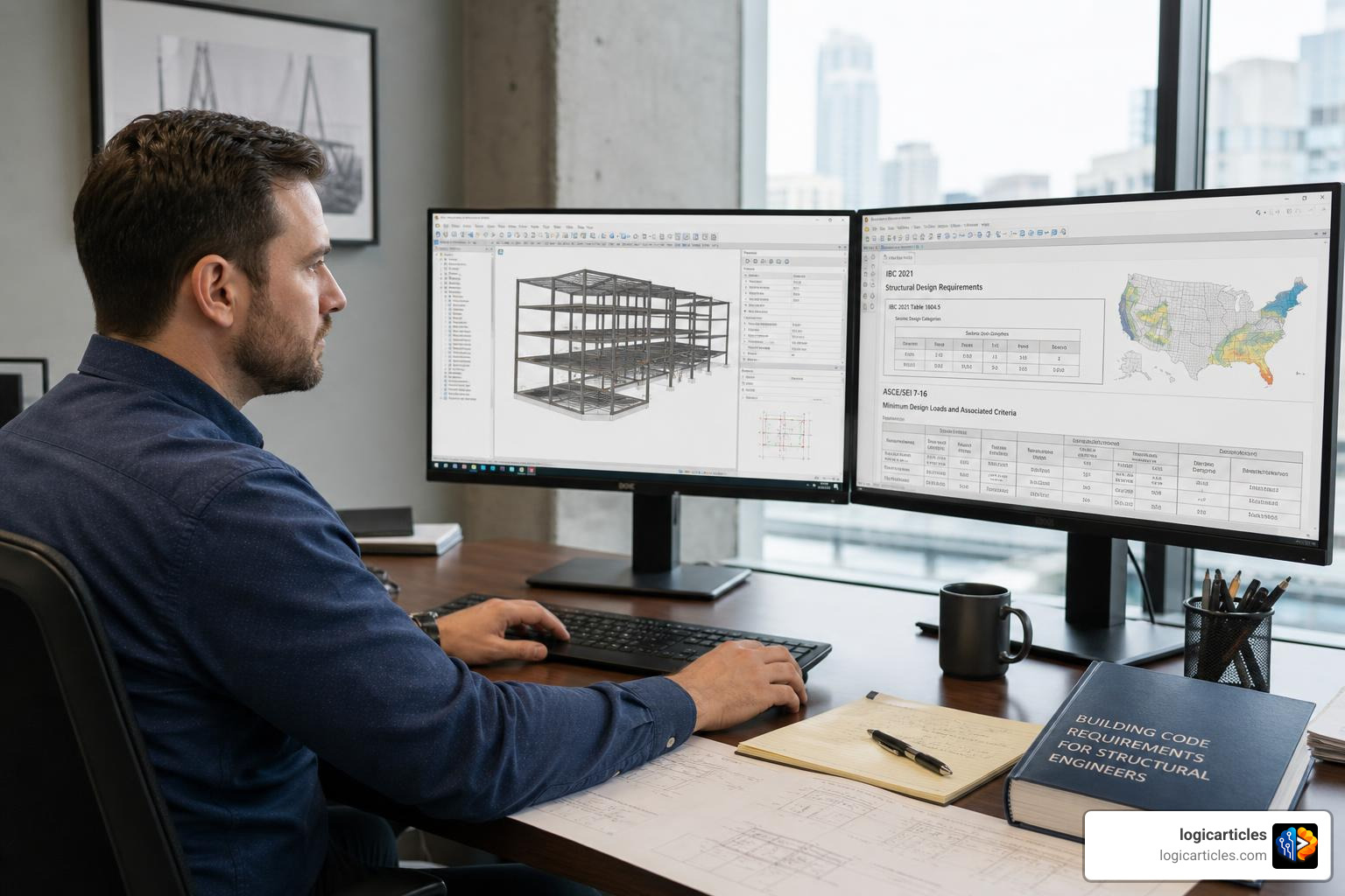 Structural engineer evaluating software compliance and regional codes on dual monitors Structural engineer evaluating software compliance and regional codes on dual monitors