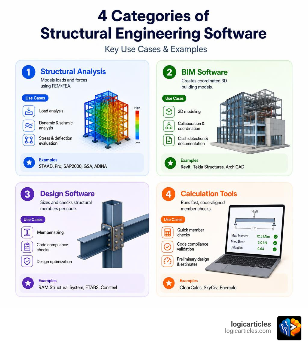 Infographic showing four categories of structural engineering software with key use cases and examples infographic Infographic showing four categories of structural engineering software with key use cases and examples infographic