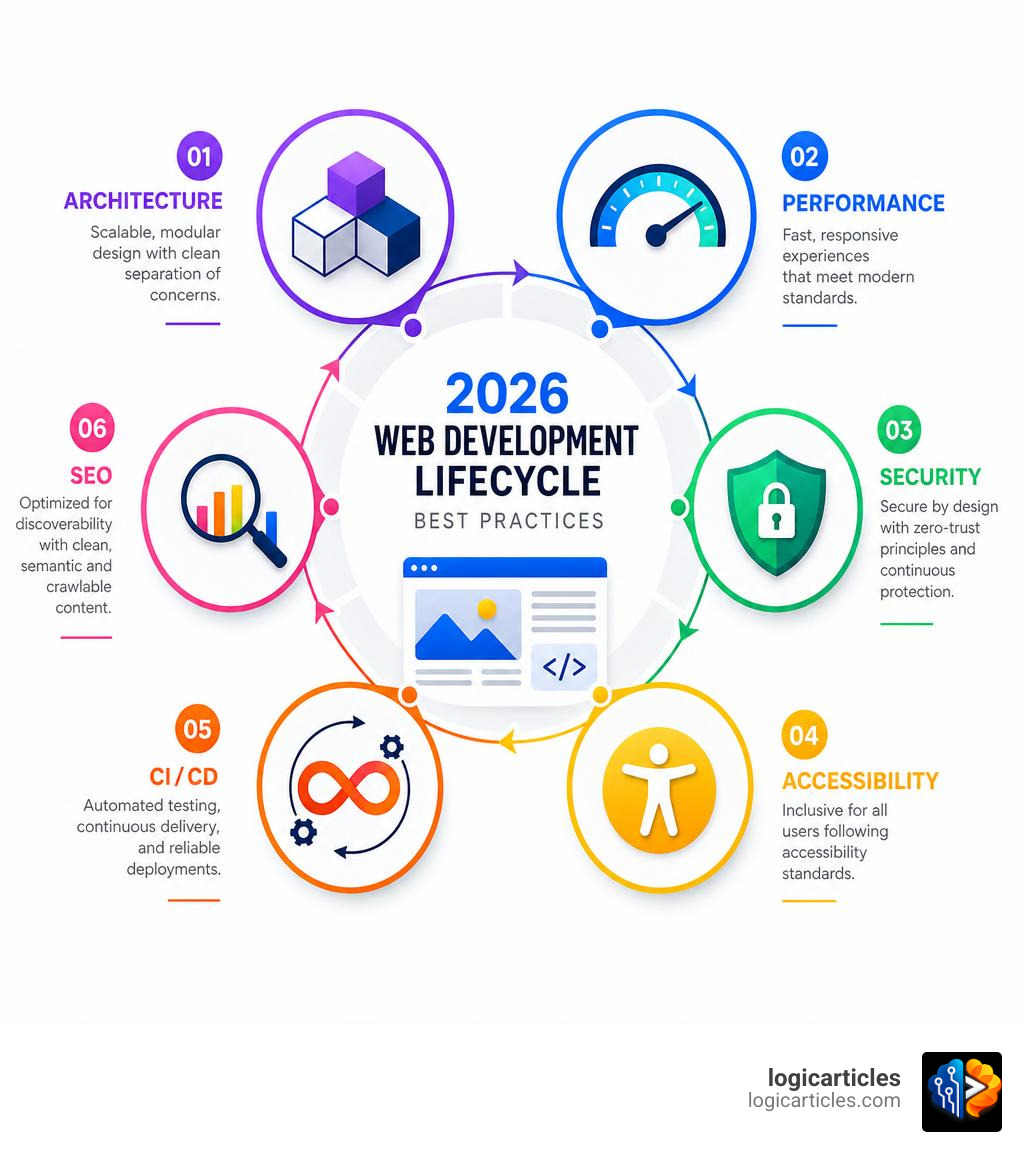 2026 web development lifecycle infographic showing pillars: architecture, performance, security, accessibility, CI/CD, SEO 2026 web development lifecycle infographic showing pillars: architecture, performance, security, accessibility, CI/CD, SEO