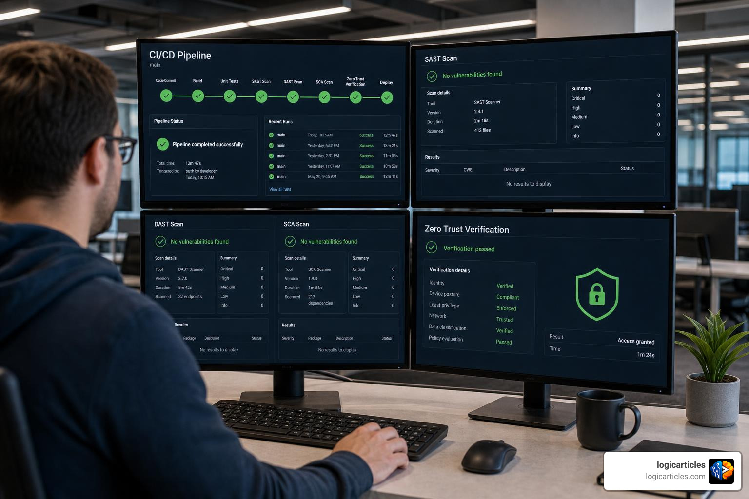 secure CI/CD pipeline showing automated SAST, DAST, SCA scans and zero-trust verification secure CI/CD pipeline showing automated SAST, DAST, SCA scans and zero-trust verification
