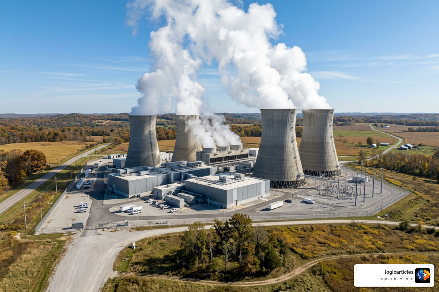 AI data center cooling towers with steam rising AI data center cooling towers with steam rising