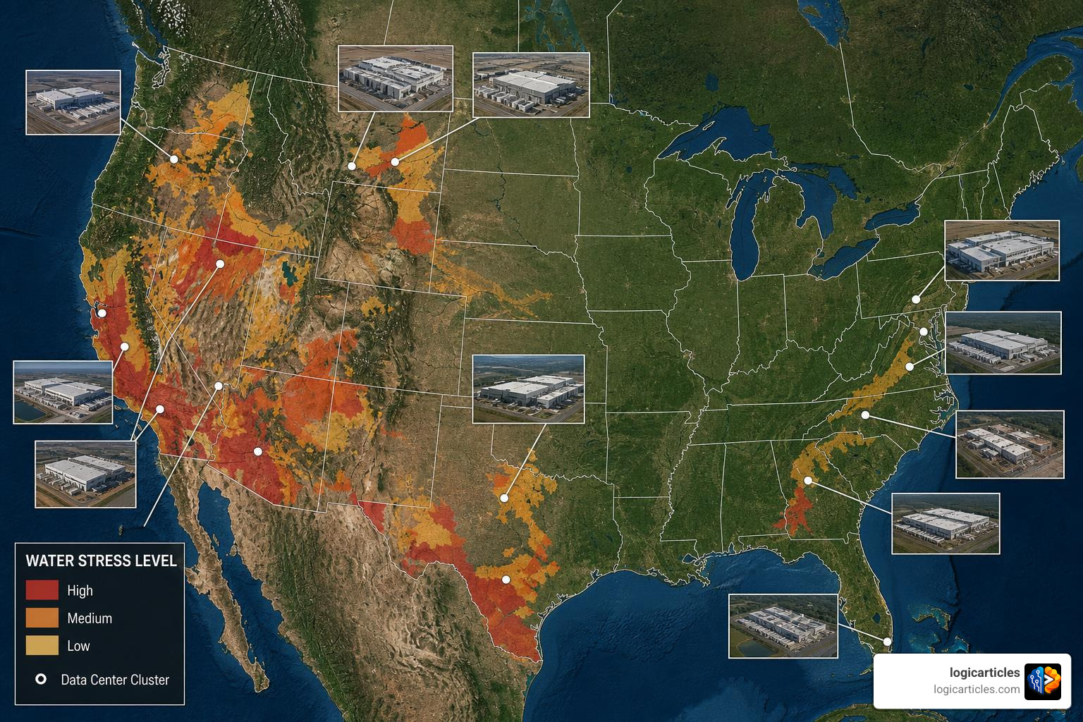 Map of water-stressed regions hosting a high concentration of AI data centers Map of water-stressed regions hosting a high concentration of AI data centers