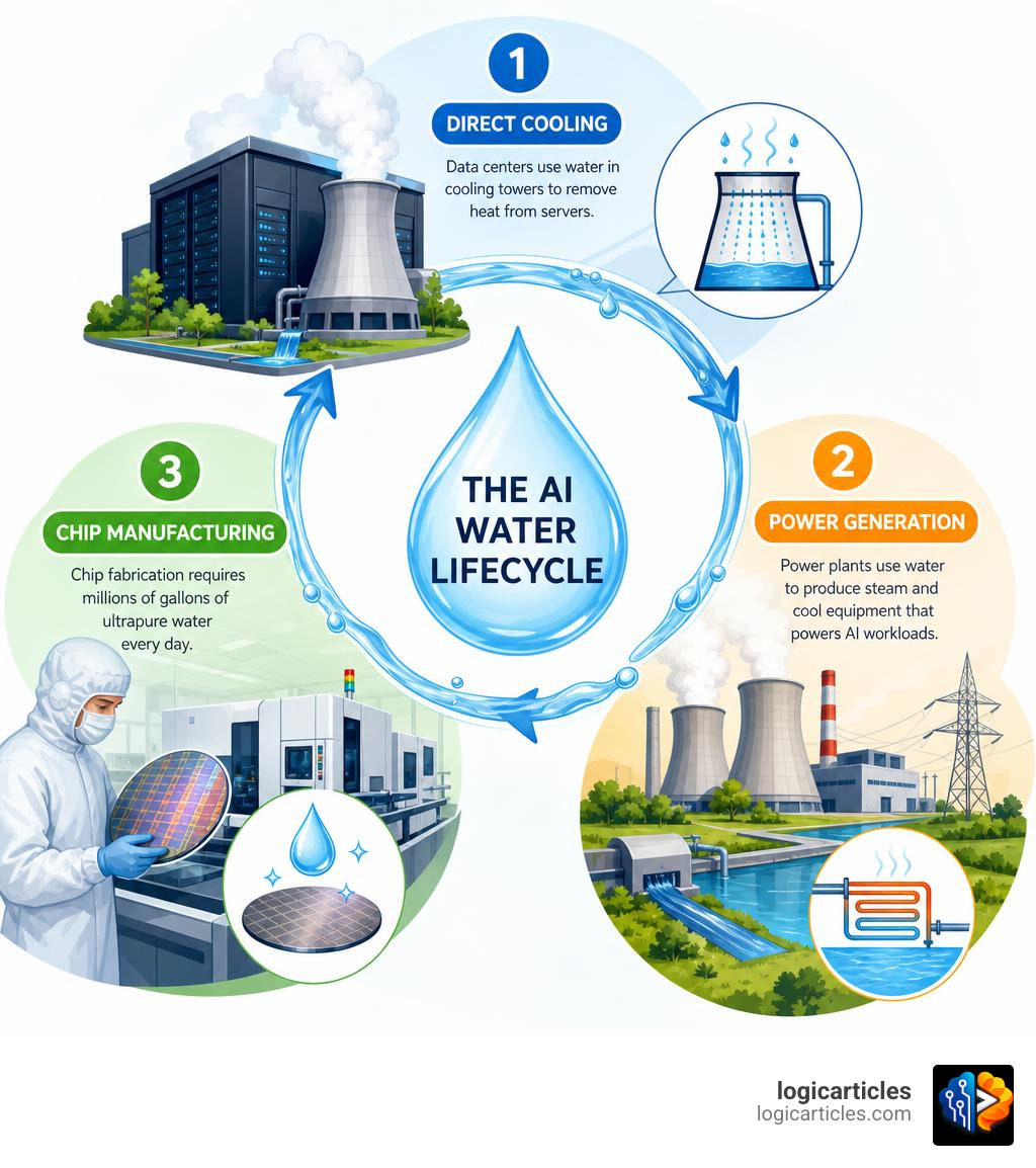 Infographic showing the AI water lifecycle: direct cooling, power generation, and chip manufacturing infographic Infographic showing the AI water lifecycle: direct cooling, power generation, and chip manufacturing infographic