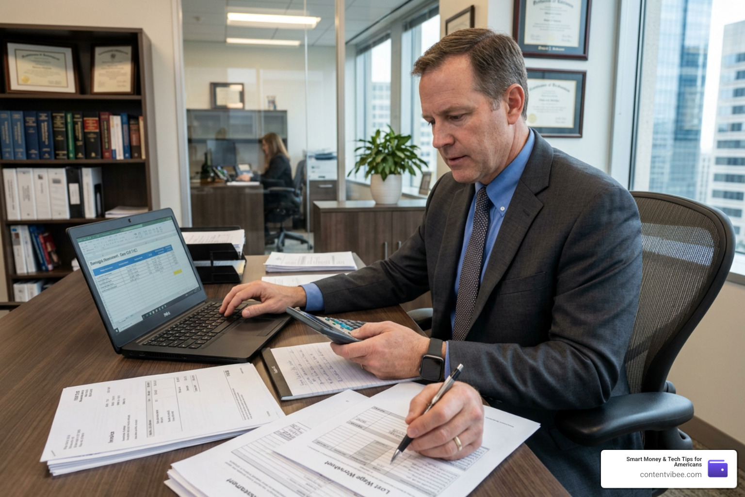 A specialized truck accident lawyer meticulously calculating financial damages, medical bills, and lost wages