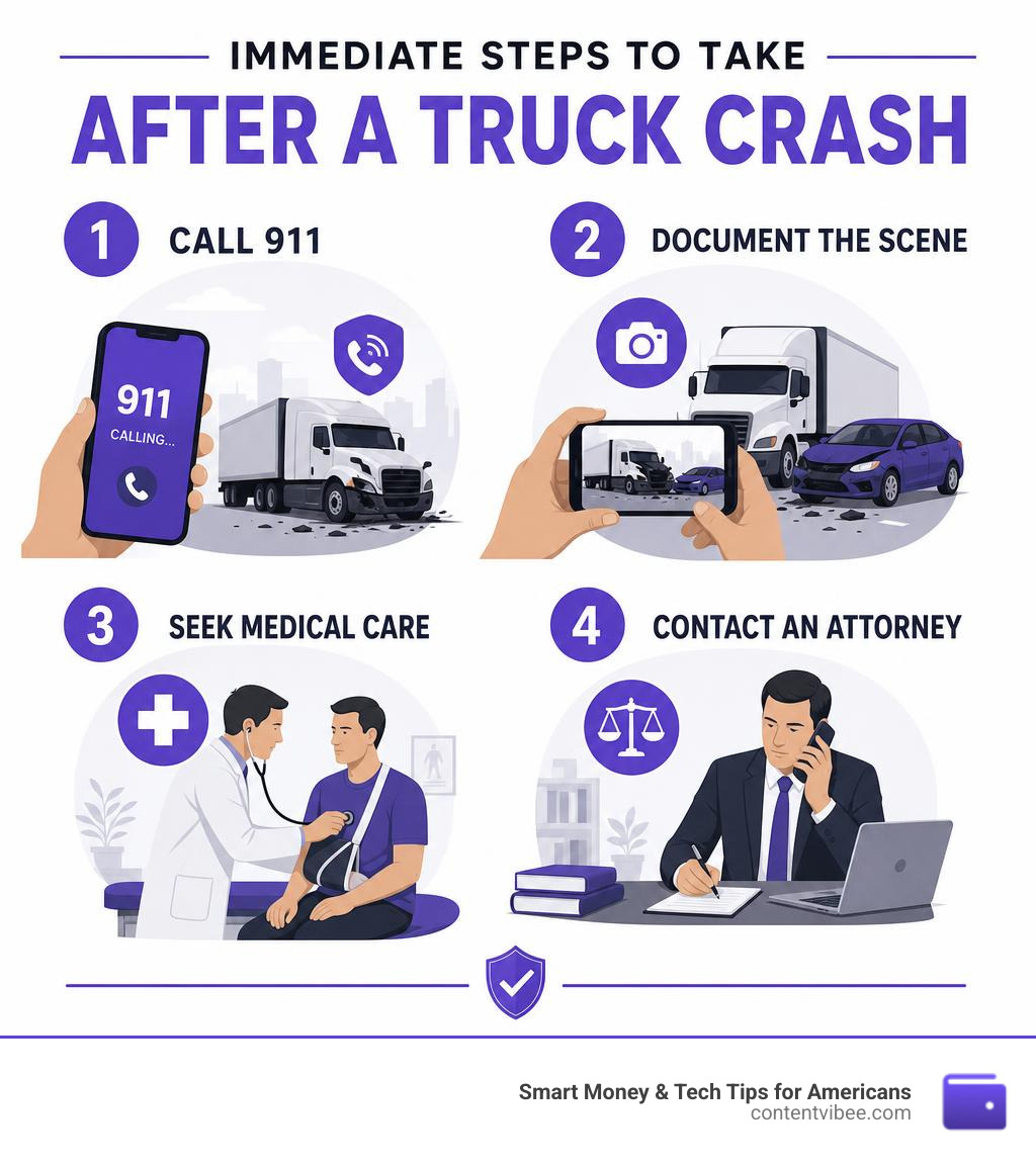Immediate steps to take after a truck crash: call 911, document scene, seek medical care, contact attorney infographic