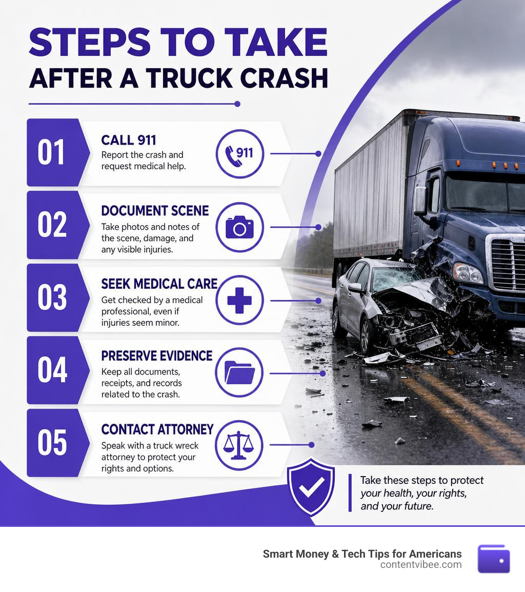 Steps to take after a truck crash: call 911, document scene, seek medical care, preserve evidence, contact attorney