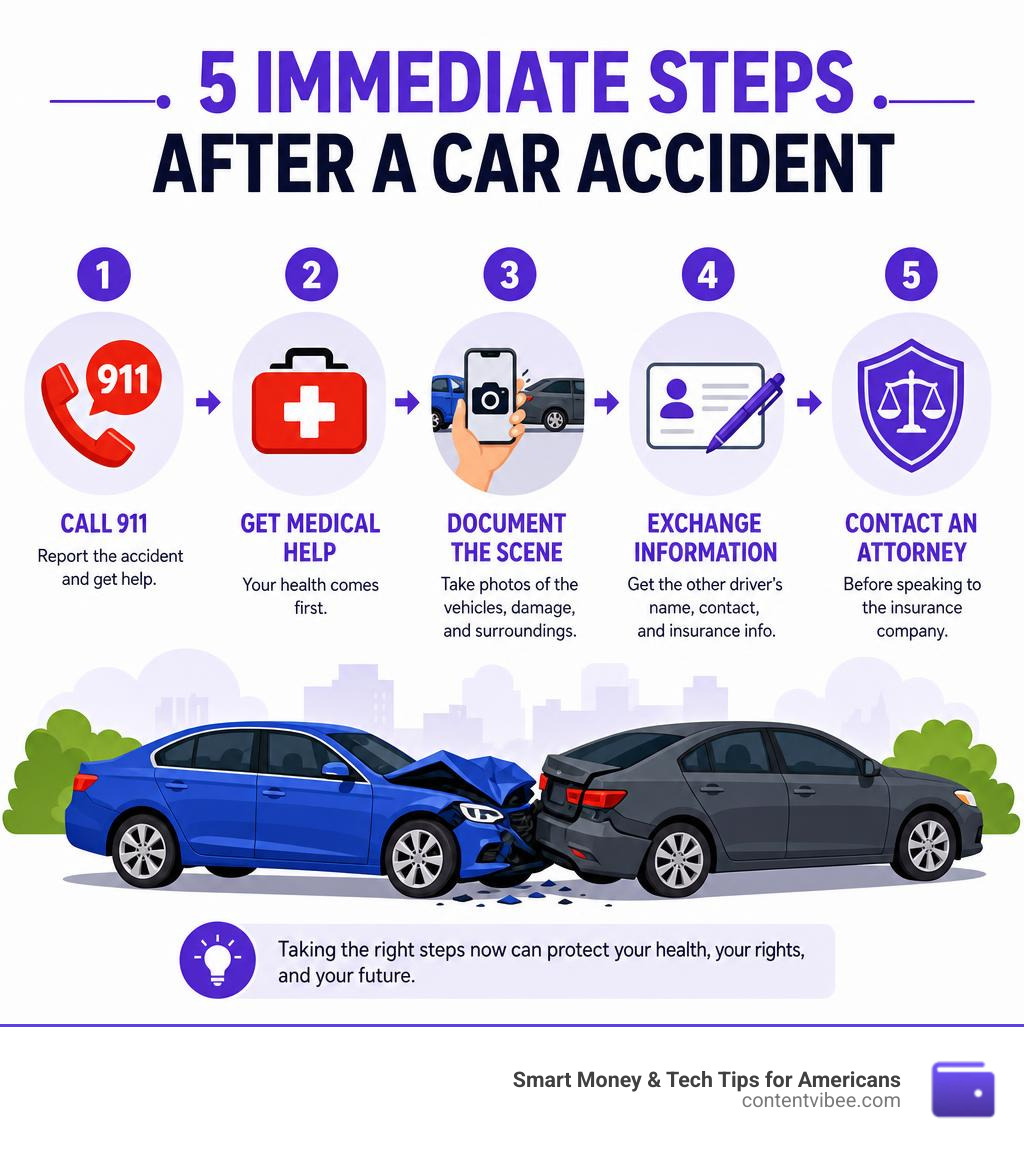 Infographic showing immediate steps after a car accident: call 911, get medical help, document the scene, exchange info, and