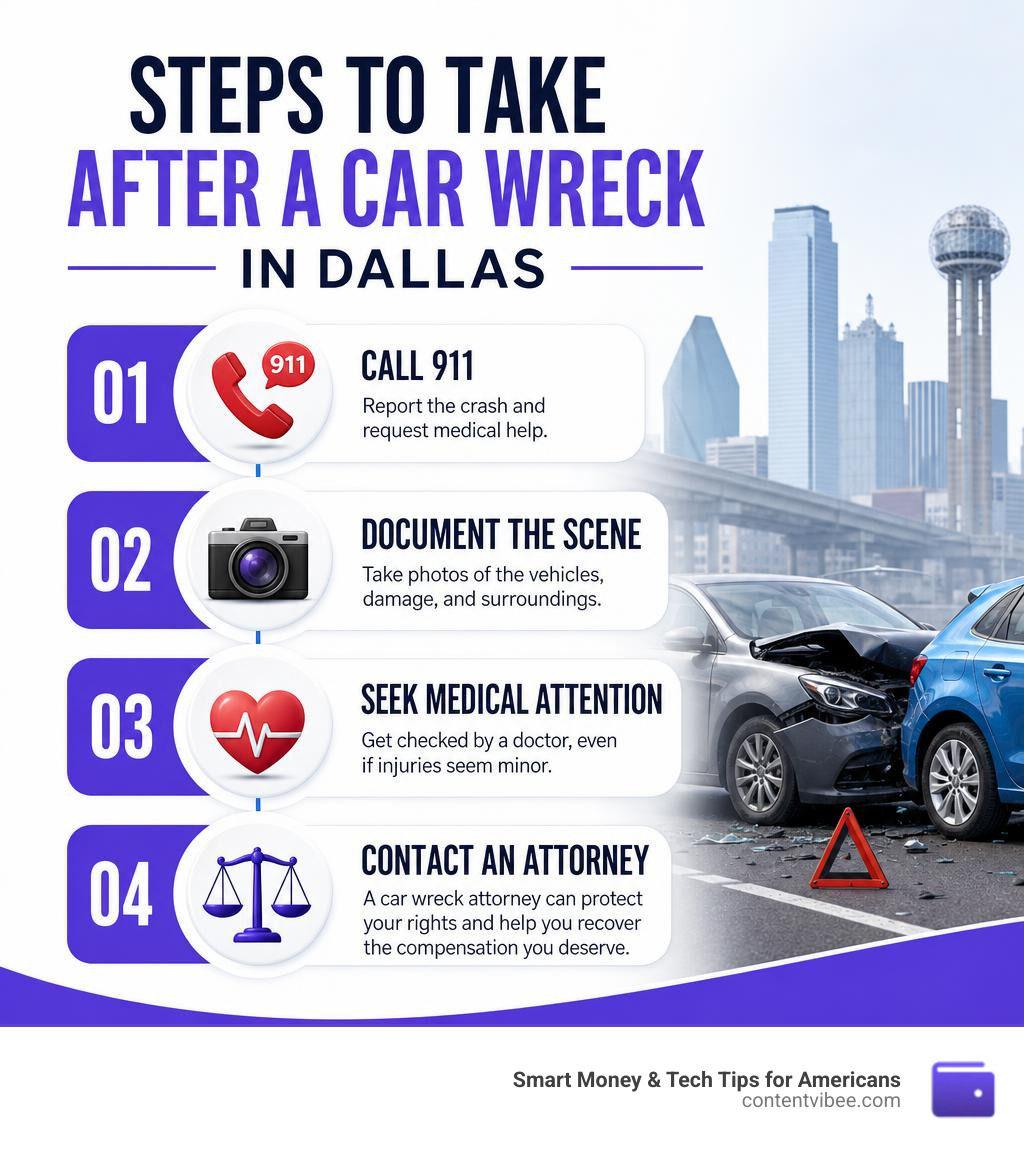 Steps to take after a car wreck in Dallas including call 911, document scene, seek medical attention, contact attorney