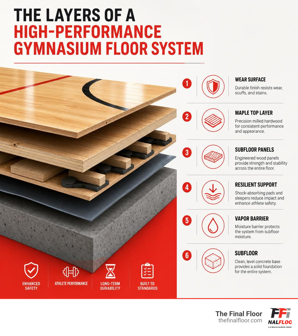 Infographic showing the layers of a high-performance gymnasium floor system from subfloor to surface infographic Infographic showing the layers of a high-performance gymnasium floor system from subfloor to surface infographic
