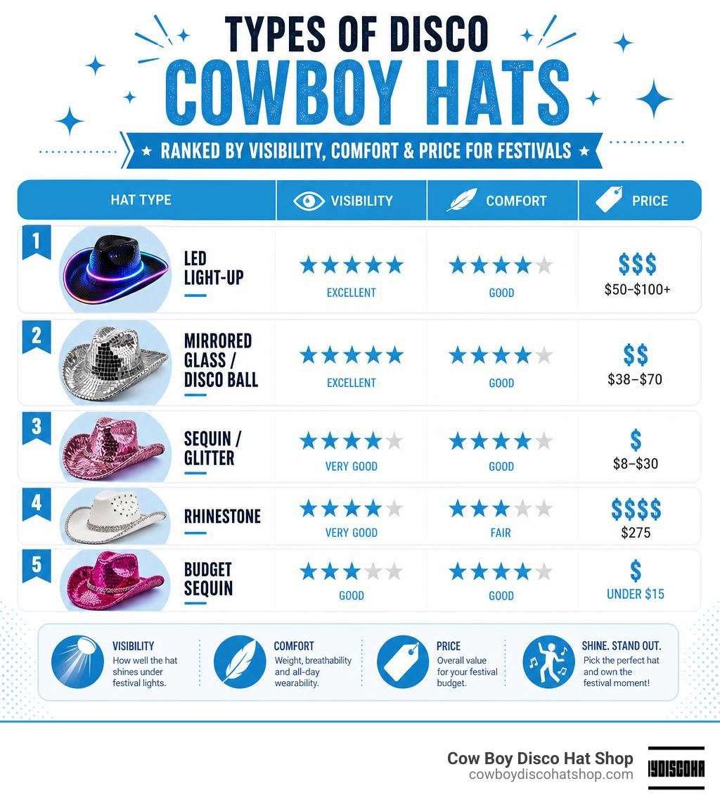 Infographic showing types of disco cowboy hats ranked by visibility comfort and price for festivals infographic