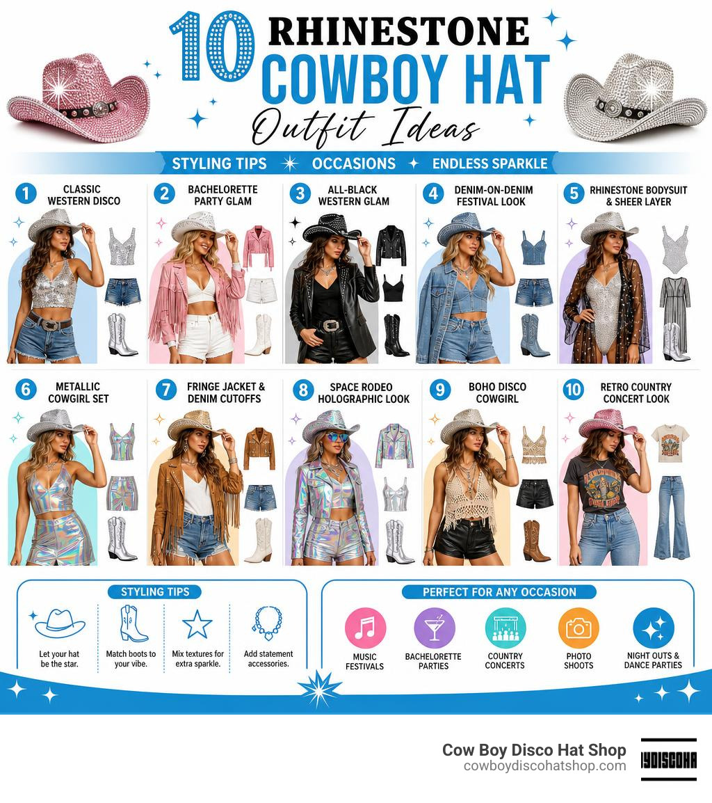 10 rhinestone cowboy hat outfit ideas infographic with styling tips and occasions infographic
