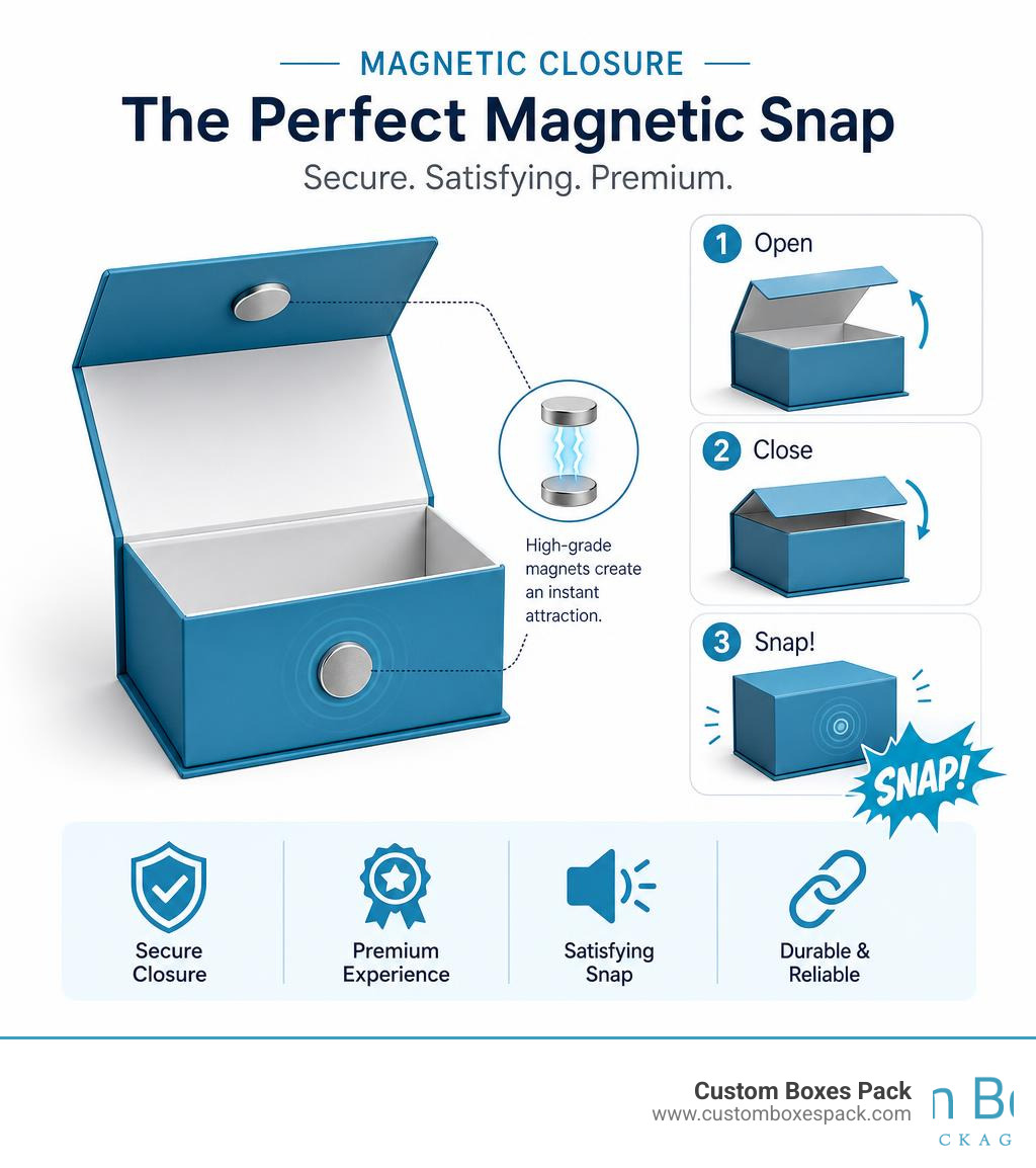 Infographic showing the magnetic attraction between the lid flap and the box wall with a satisfying snap graphic infographic Infographic showing the magnetic attraction between the lid flap and the box wall with a satisfying snap graphic infographic
