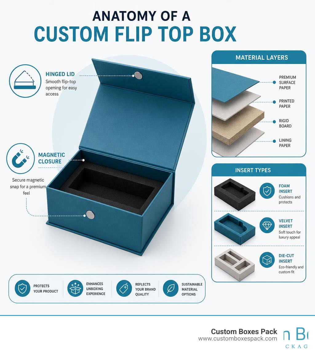Infographic showing anatomy of a custom flip top box with labels for hinged lid, magnetic closure, material layers, and Infographic showing anatomy of a custom flip top box with labels for hinged lid, magnetic closure, material layers, and