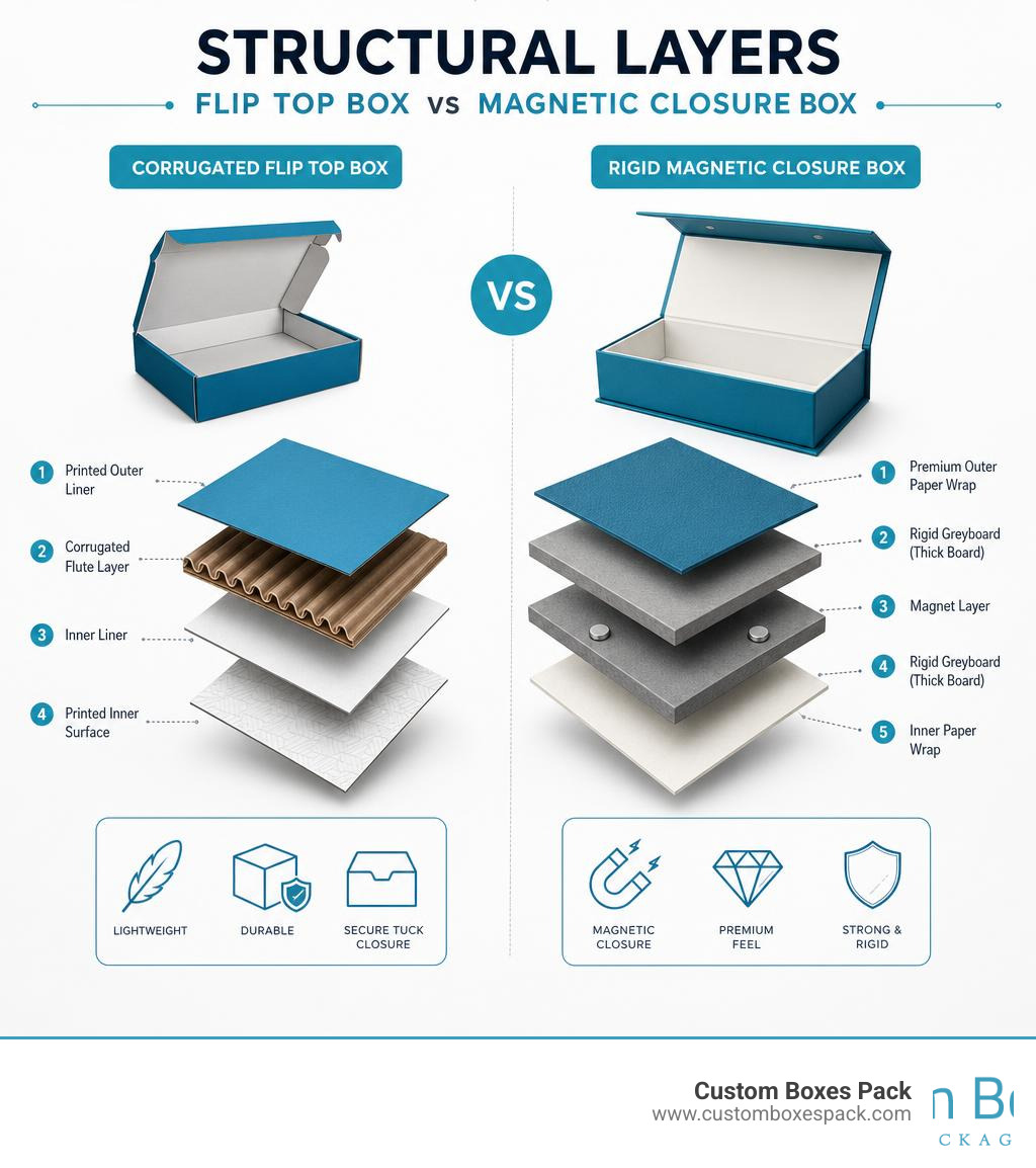 Diagram showing structural layers of a rigid magnetic box vs a corrugated flip top box infographic Diagram showing structural layers of a rigid magnetic box vs a corrugated flip top box infographic