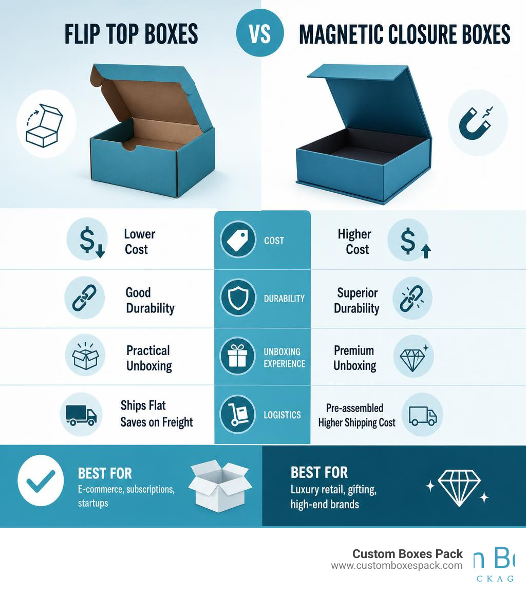 Infographic comparing flip top vs magnetic closure boxes on cost, durability, unboxing, and logistics infographic Infographic comparing flip top vs magnetic closure boxes on cost, durability, unboxing, and logistics infographic