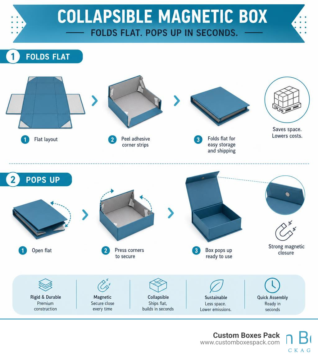 Diagram showing how a collapsible magnetic box folds flat and pops up using adhesive corners infographic Diagram showing how a collapsible magnetic box folds flat and pops up using adhesive corners infographic