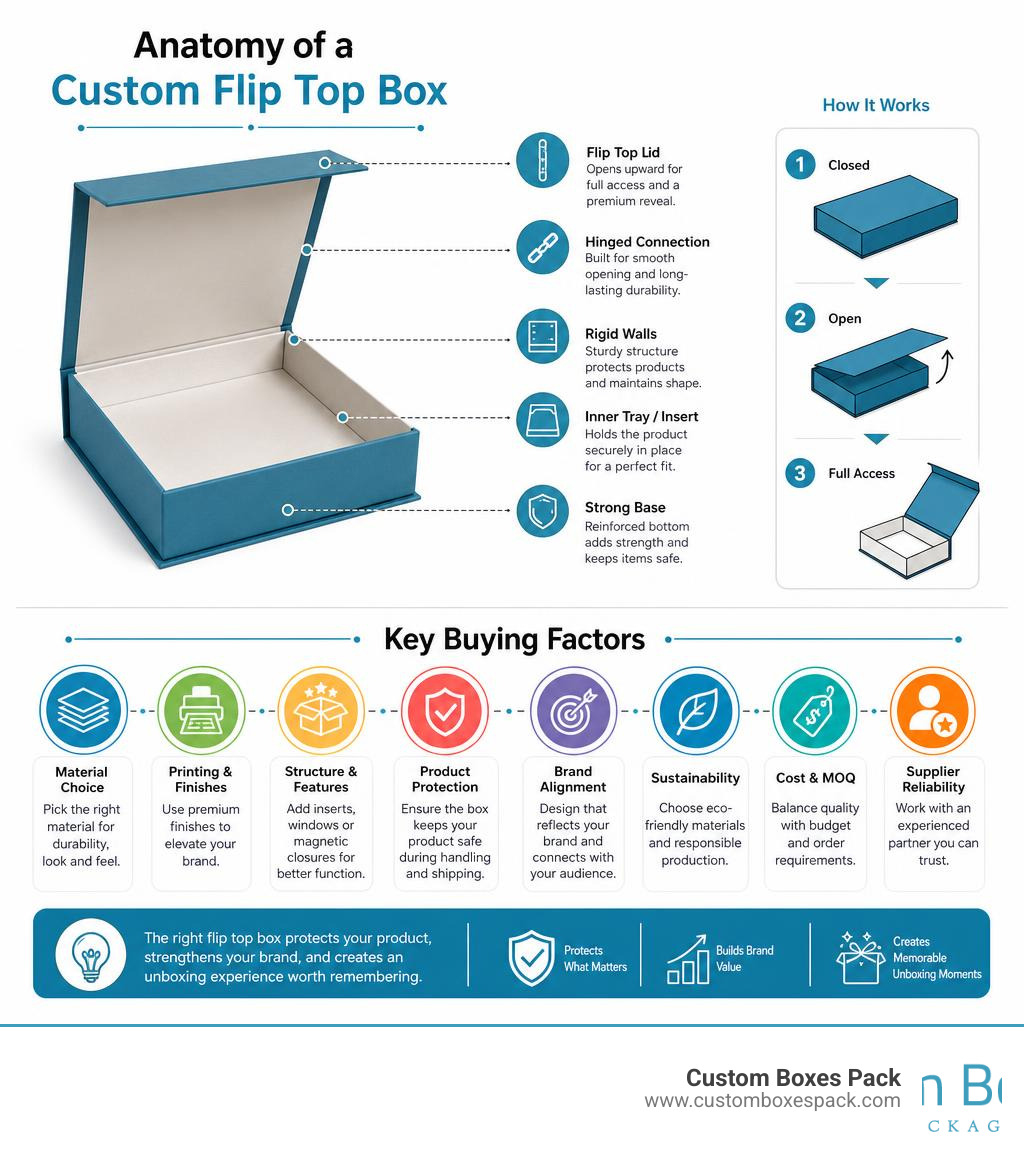 Infographic showing anatomy and key buying factors of custom flip top packaging infographic Infographic showing anatomy and key buying factors of custom flip top packaging infographic