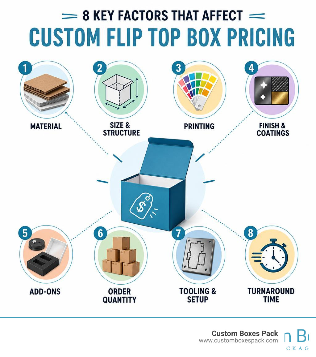 Infographic showing 8 key factors that affect custom flip top box pricing including material, size, printing, finish Infographic showing 8 key factors that affect custom flip top box pricing including material, size, printing, finish