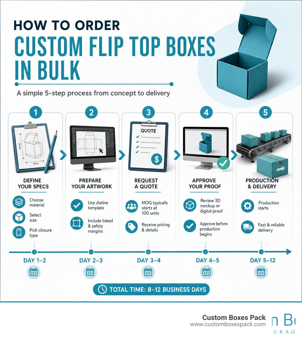 Step-by-step infographic for ordering custom flip top boxes in bulk with key stages and timeline infographic Step-by-step infographic for ordering custom flip top boxes in bulk with key stages and timeline infographic