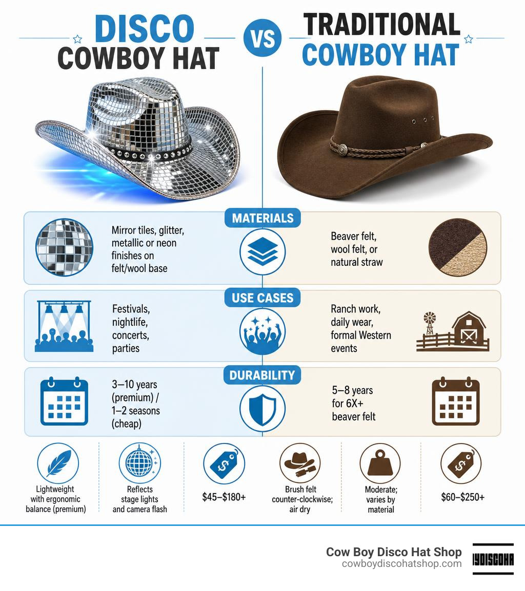Infographic comparing disco cowboy hat vs traditional cowboy hat across materials, use cases, and durability infographic