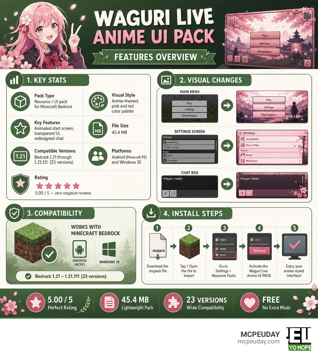 Waguri Live Anime UI PACK features overview infographic: key stats, visual changes, compatibility, and install steps Waguri Live Anime UI PACK features overview infographic: key stats, visual changes, compatibility, and install steps