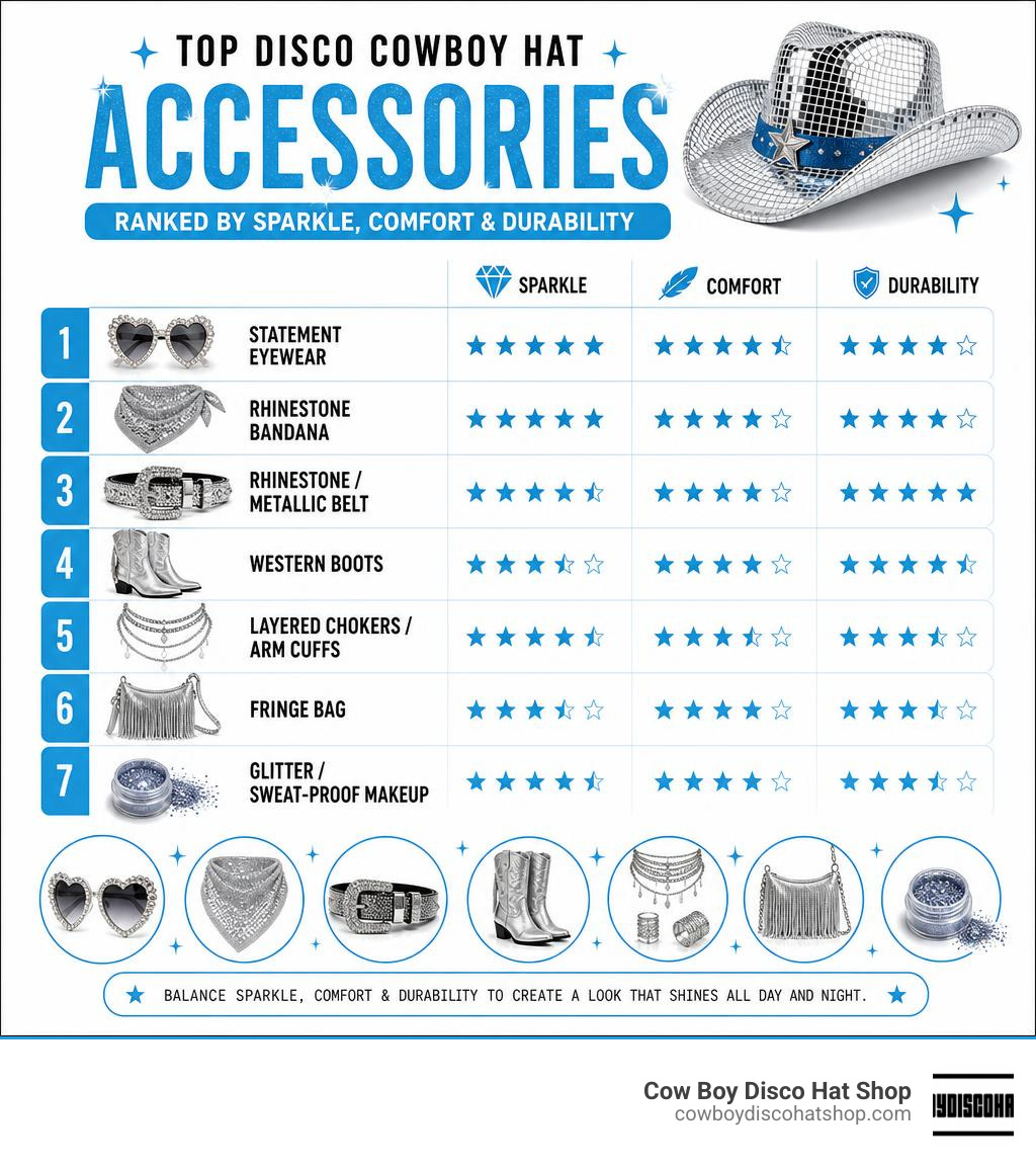 infographic showing top disco cowboy hat accessories ranked by sparkle comfort and durability infographic