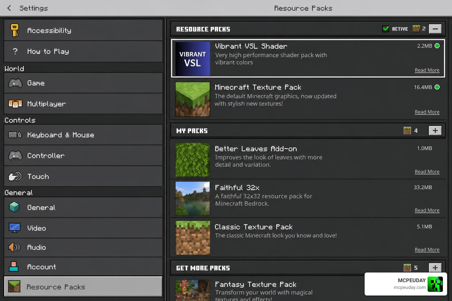 Vibrant VSL Shader activation menu in Minecraft Bedrock settings