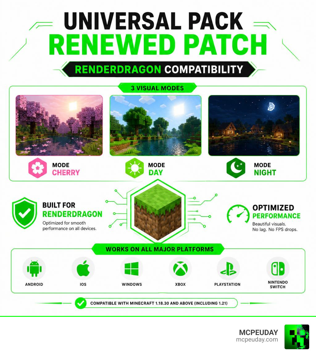 Infographic showing Universal Pack Renewed Patch RenderDragon compatibility modes and supported platforms infographic