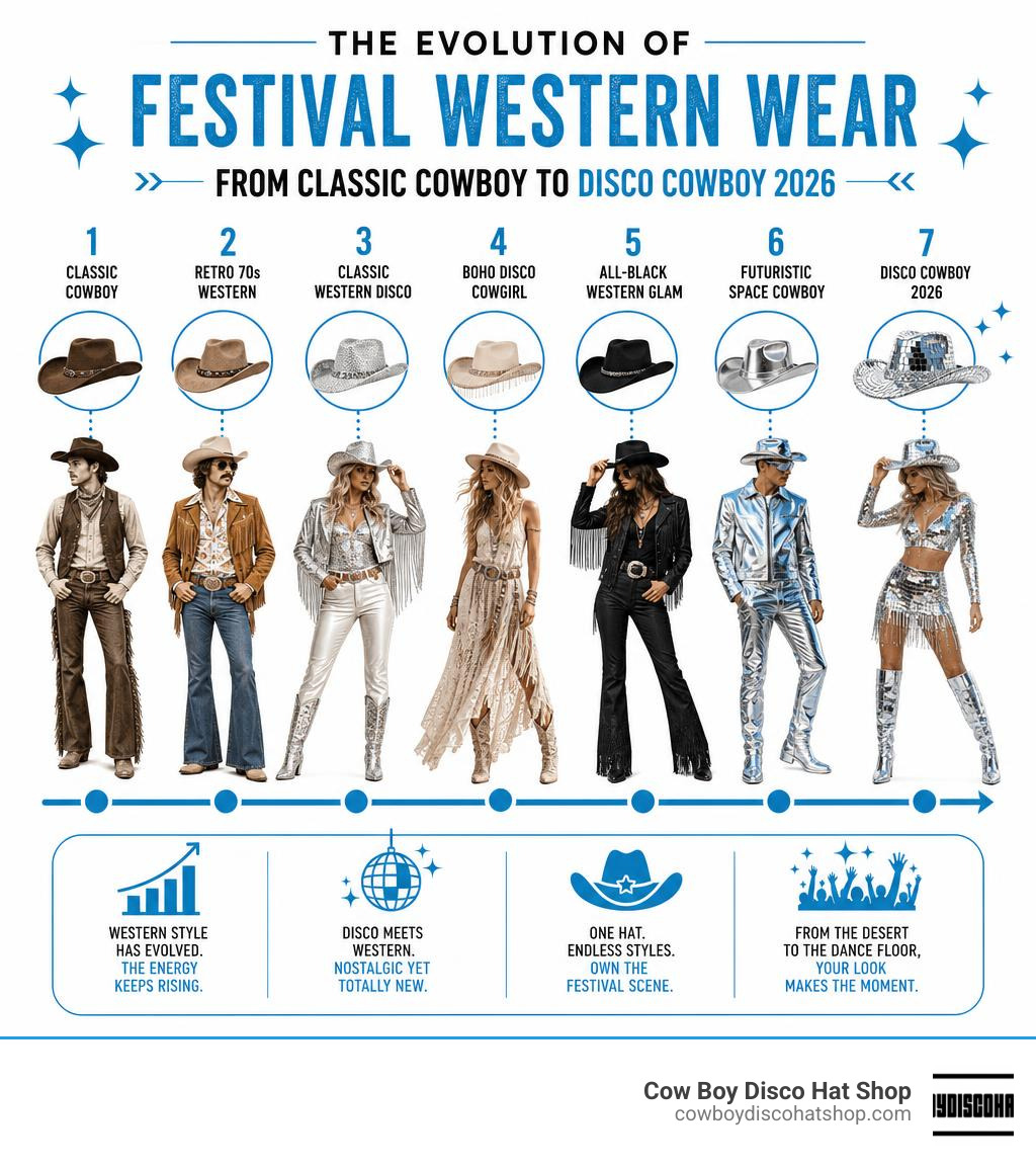 Infographic showing the evolution of festival western wear from classic cowboy to disco cowboy 2026 infographic