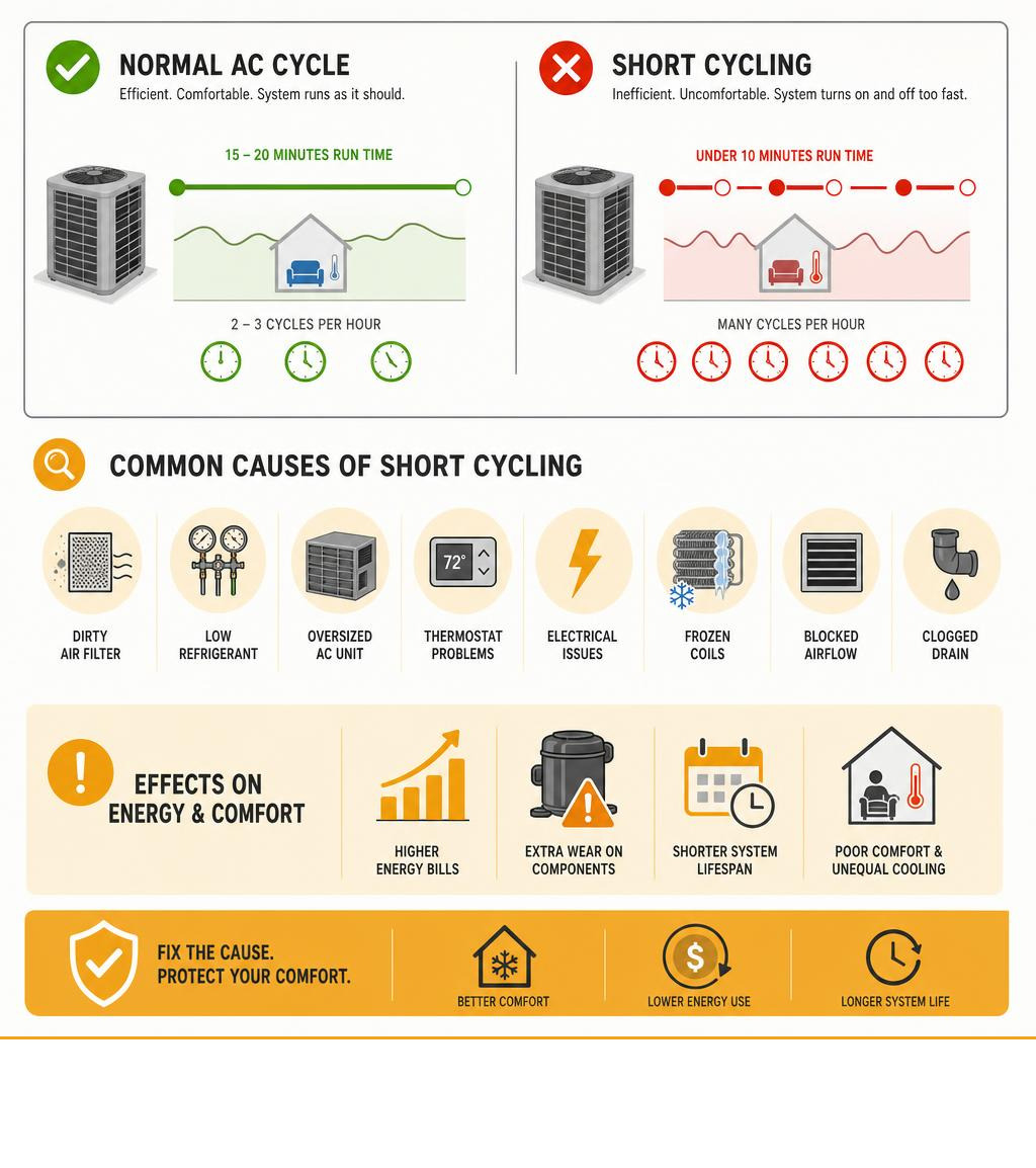 Infographic showing normal AC cycle vs short cycling, common causes, and effects on energy and comfort infographic Infographic showing normal AC cycle vs short cycling, common causes, and effects on energy and comfort infographic