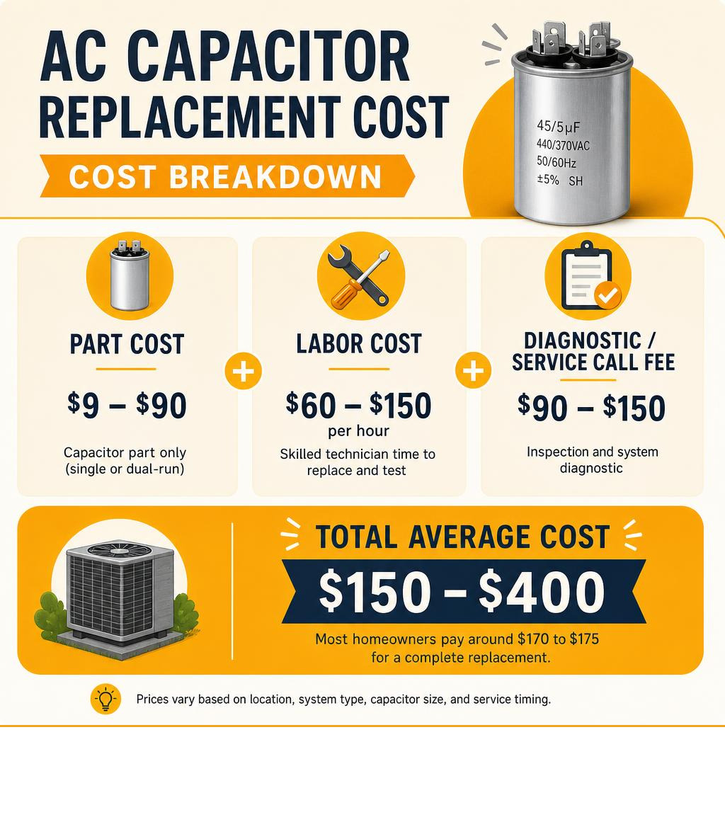 AC capacitor replacement cost breakdown infographic with part cost, labor, and total ranges infographic AC capacitor replacement cost breakdown infographic with part cost, labor, and total ranges infographic
