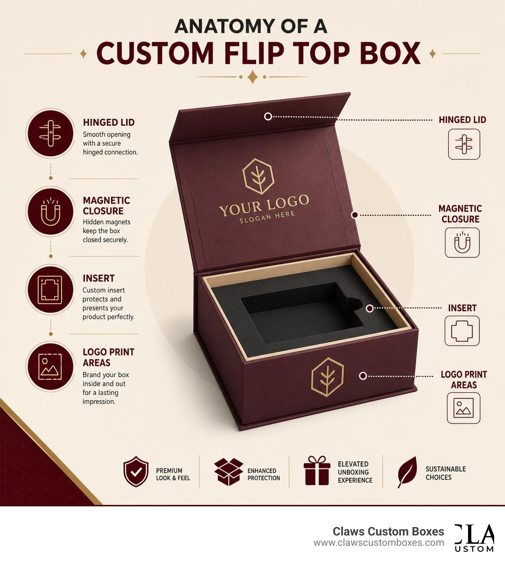 Anatomy of a custom flip top box showing hinged lid, magnetic closure, insert, and logo print areas infographic Anatomy of a custom flip top box showing hinged lid, magnetic closure, insert, and logo print areas infographic