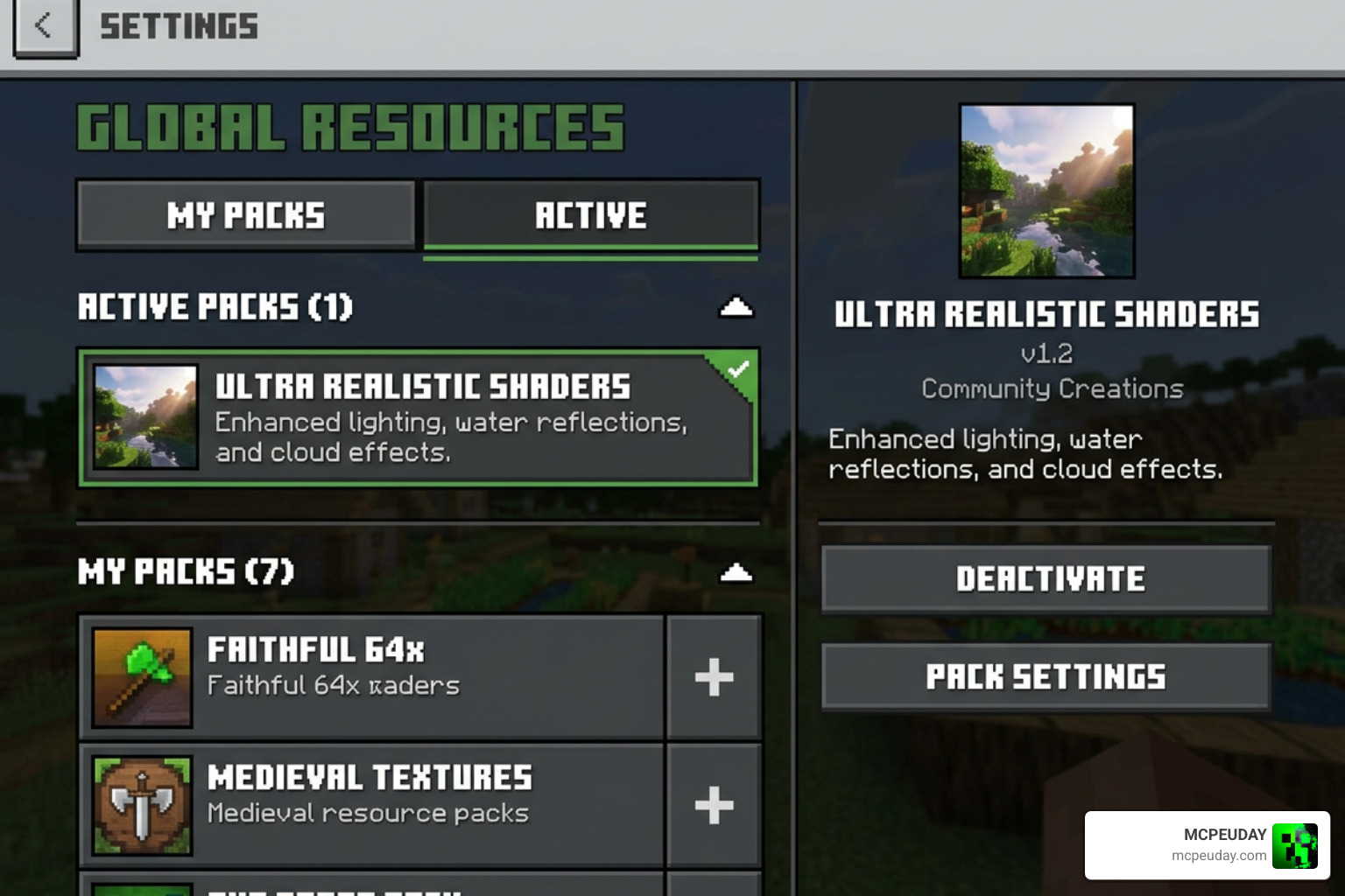 Minecraft PE global resources menu showing active shader packs Minecraft PE global resources menu showing active shader packs