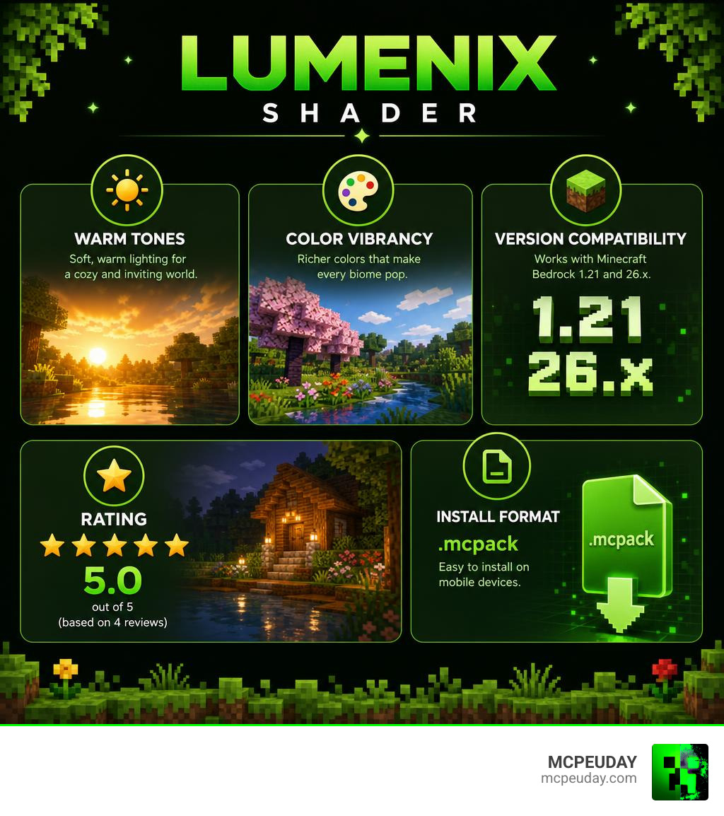 Infographic showing Lumenix Shader features: warm tones, color vibrancy, version compatibility, rating, and install format Infographic showing Lumenix Shader features: warm tones, color vibrancy, version compatibility, rating, and install format