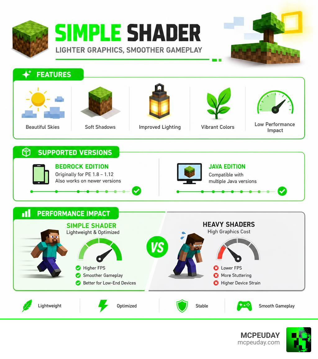 Infographic showing Simple Shader features, supported versions, and performance impact vs heavy shaders infographic