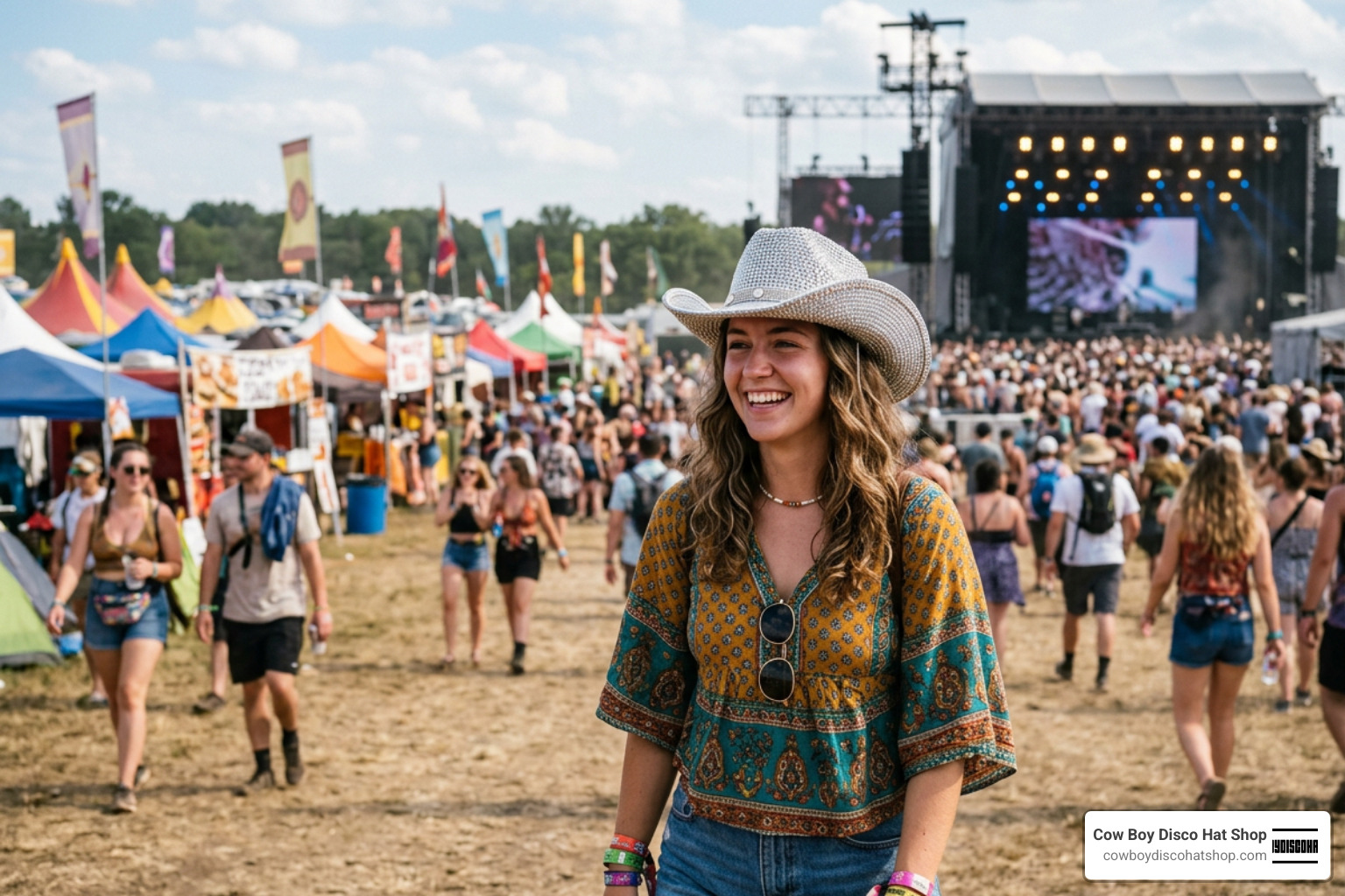 durable rhinestone cowboy hat at an outdoor music festival durable rhinestone cowboy hat at an outdoor music festival