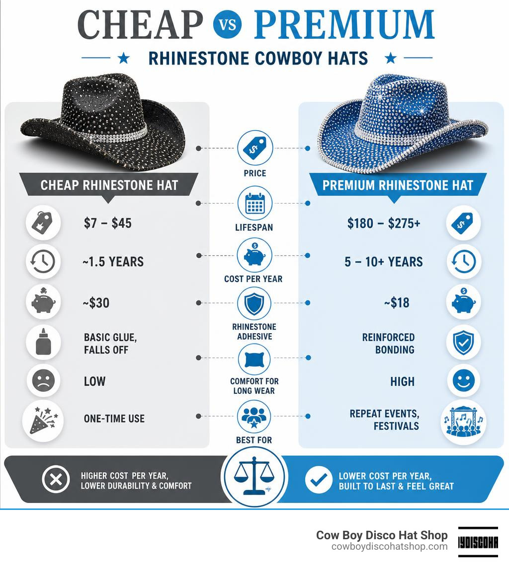 Infographic comparing cheap vs premium rhinestone cowboy hats on value, lifespan, cost per year, and comfort infographic Infographic comparing cheap vs premium rhinestone cowboy hats on value, lifespan, cost per year, and comfort infographic