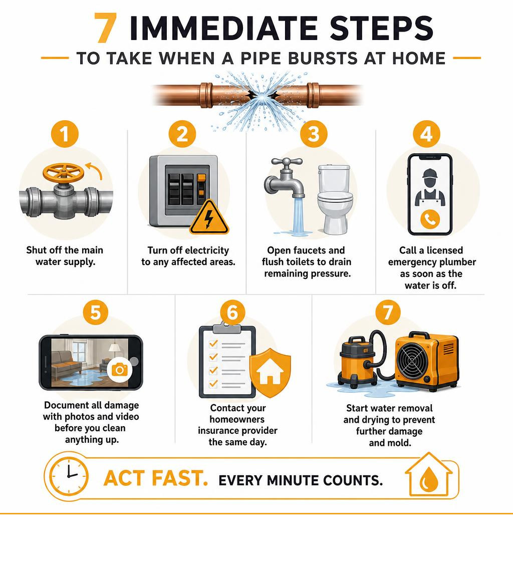 Infographic showing 7 immediate steps to take when a pipe bursts at home infographic