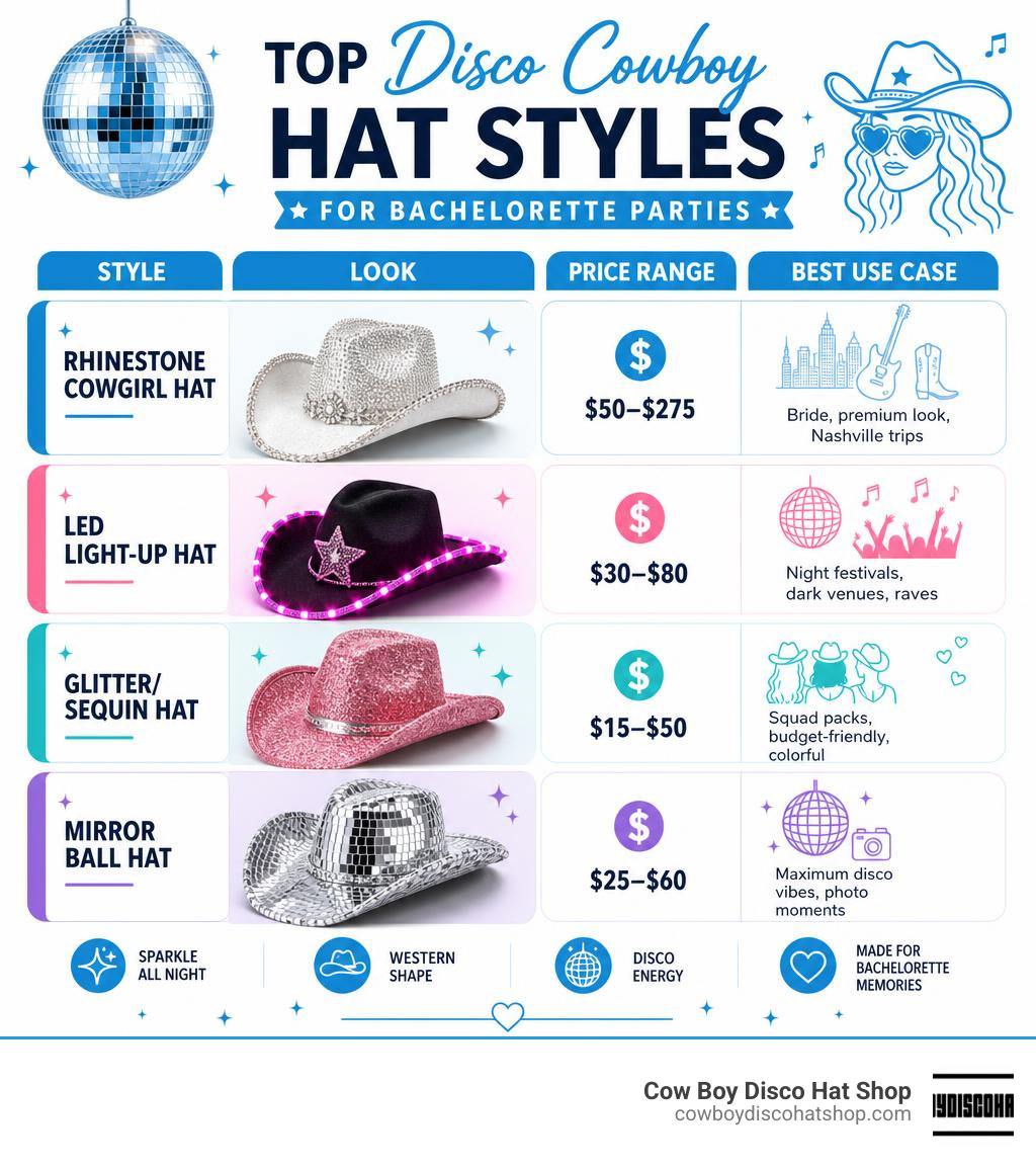 infographic showing top disco cowboy hat styles for bachelorette party themes with price ranges and best use cases