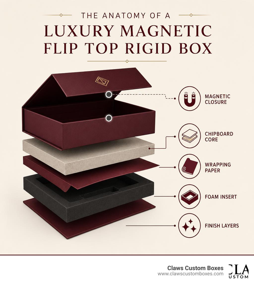Infographic showing anatomy of a luxury magnetic flip top rigid box with labels for chipboard core, wrapping paper, magnetic Infographic showing anatomy of a luxury magnetic flip top rigid box with labels for chipboard core, wrapping paper, magnetic