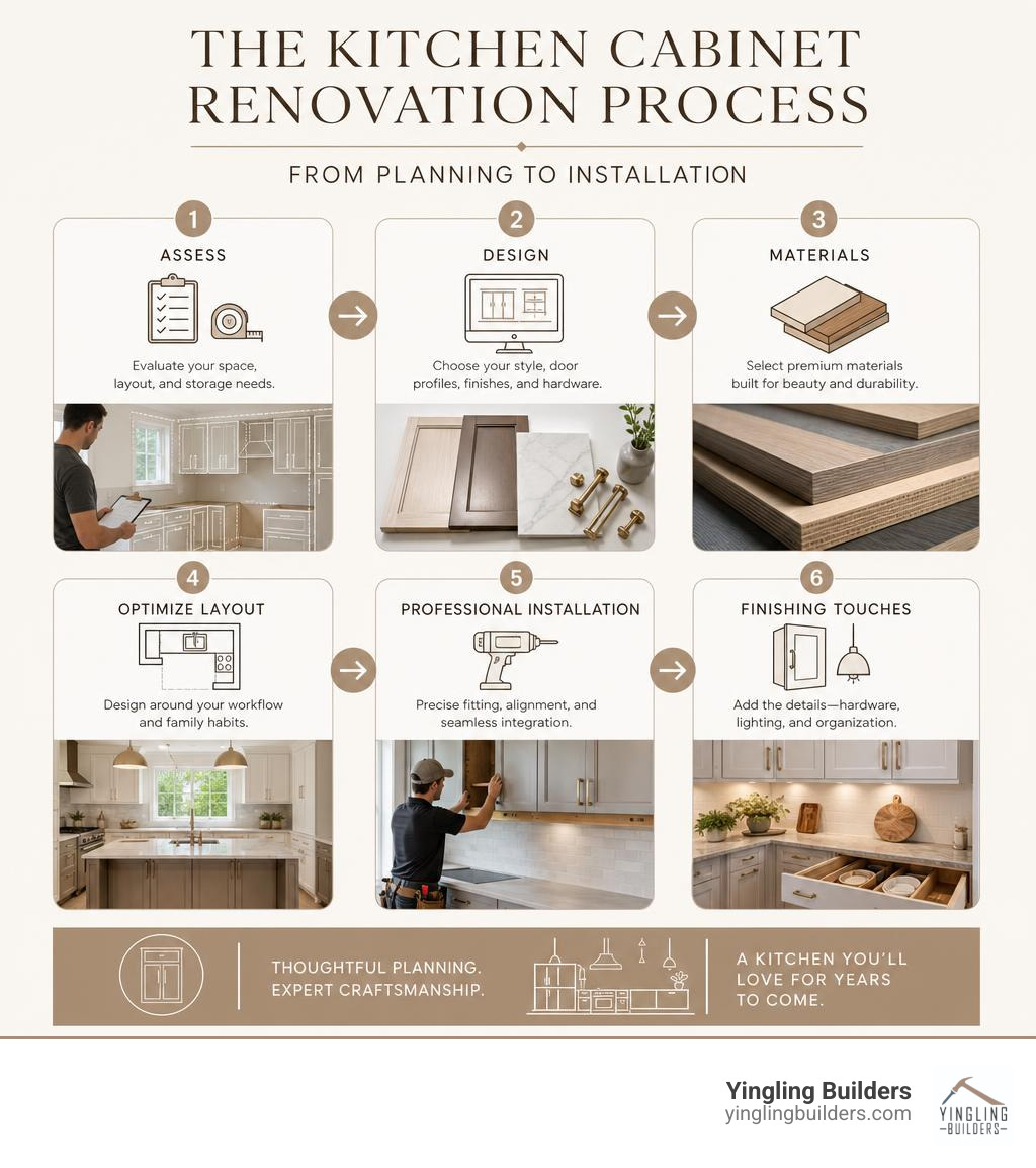 Infographic showing the high-end kitchen cabinet renovation process from planning to installation infographic Infographic showing the high-end kitchen cabinet renovation process from planning to installation infographic